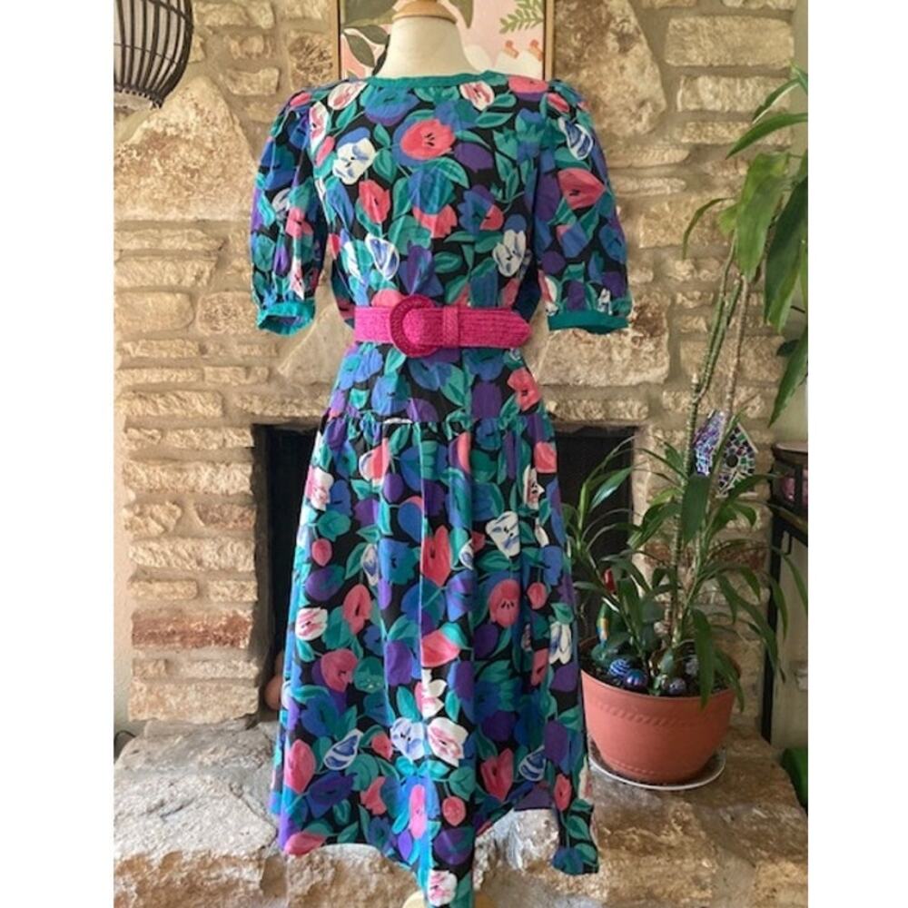 🌷 Vintage 80's Floral Puff Sleeve Bow Back Midi Dress - Large